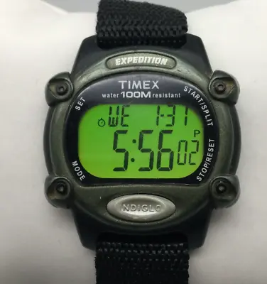 Timex Expedition Digital Watch Men 39mm Green Black Timer 100M New Battery 2004 • $22.49