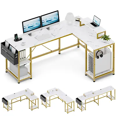 L Shaped Desk 95  Reversible Corner Computer Desk With Shelves Home Office White • $109.99