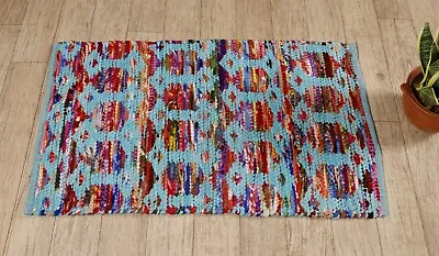 £23.99 • Buy Chindi Rag Rug X Large Handmade Turquoise Colour Rugs Area Mat Recycled Indian