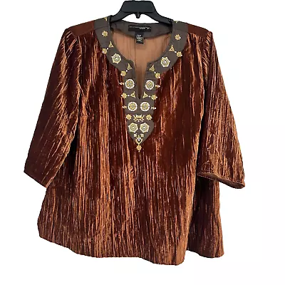 Vintage Venezia Brown Velvet Boho Top Beaded Embroidered Split Neck Size 22/24 • $18