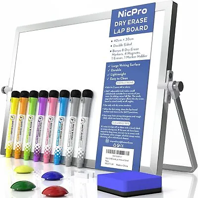 Dry Erase Mini Whiteboard A3 40 X 30 Cm Double Sided 8 Pens 1 Eraser4 Magnet • £0.99