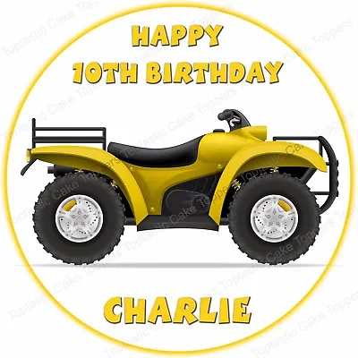 Personalised Yellow Quad Bike Round Edible Icing Birthday Party Cake Topper • £4.65