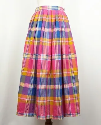 Vintage 90s Skirt Pink Plaid Pleated Midi Cotton Misses Size 10 Lizsport • $49.95