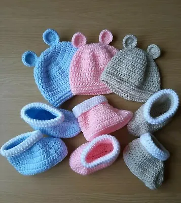 Crochet Pattern Baby Beanie Hat And Booties Bear Hat Pattern Set • £3