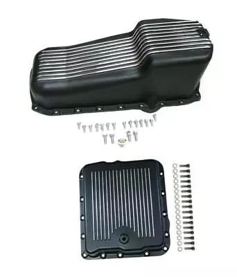 Small Block Chevy Finned Black Aluminum Stock Oil Pan + 700R4 Transmission Pan • $149.95