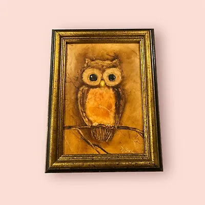 Vintage Framed Owl Art Signed Pat Black - Vintage Owl Painting - MCM Owl Art • $25