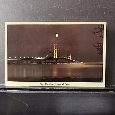 Michigan Mackinac Bridge At Night Moonlight Chrome Postcard UNP • $1.75