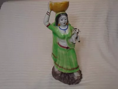 12  Tall Vintage Painted Ceramic Figural Candleholder Hindu Woman Holding Lamb • $9.99