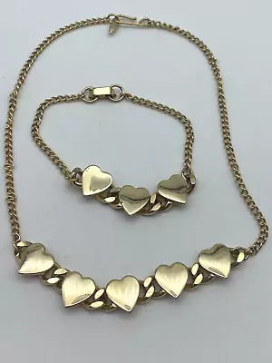 Gold Tone Heart Necklace & Bracelet Set • $10