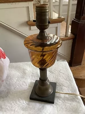 Vintage Amber Glass/Brass/onyx Electric Lamp  12 1/2” Tall • $34