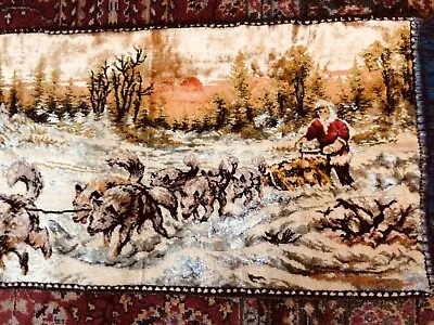 Vintage Italian Tapestry Sled Dogs Husky 36 X 19  With 3  Blue Fringes • $15.52