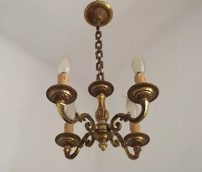 French Vintage Petite Art Nouveau Style 4 Light Bronze Vintage Chandelier 4693 • $112.04