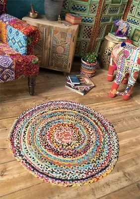 Fairtrade Goodweave Multi Colour Recycled Braided Cotton Round Chindi Rug 90cm • £37.99