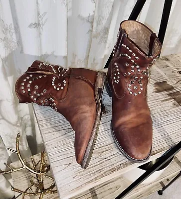 ISABEL MARANT Distressed Cognac Embellished Caleen Boots Hidden Wedge Sz 8.5/40 • $229.98