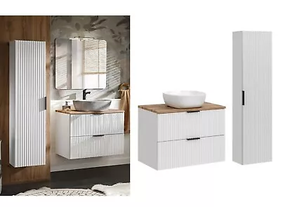 Bathroom Countertop Sink 2x Unit Set 80cm Ribbed White/Oak Effect Wall Hung Adel • £639.95