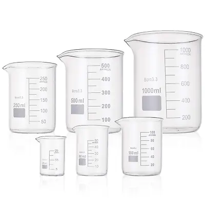 6 Pack Glass Lab Pyrex Beaker Set Measuring Cup 25/50/100/250/500/1000 ML White • $25.56