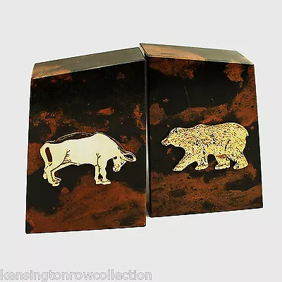 Wall Street Tiger Eye Marble Bull & Bear Bookends • $95