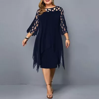 Women's Hollow Out Mesh Chiffon Dress O-Neck Evening Party Dress • $28.99