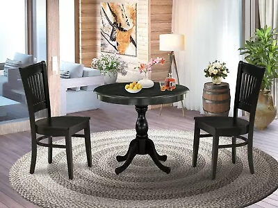 3pc Kitchen Dinette 36  Round Pedestal Table + 2 Wood Dining Chairs In Black • $390