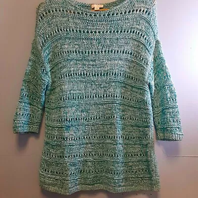 J. Jill Womens XS Ocean Teal Hand Crocheted Knit Open Weave Cotton Blend Sweater • $10