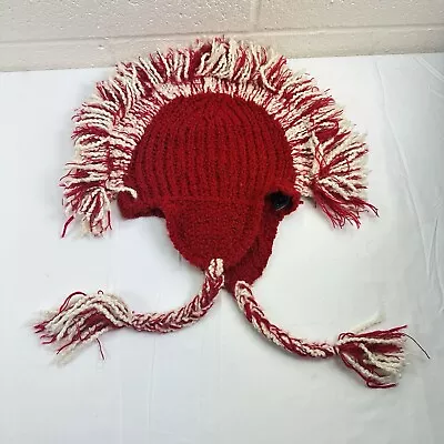 Yusu Tex 100% Alpaca Handmade Knitted Tassel Red White Beanie Mohawk Fringe • $25