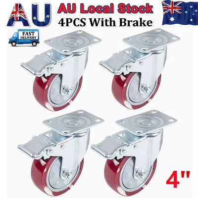 4x 4  Heavy Duty PU Swivel Caster Wheels 100mm Trolley Castor Brakes 650KG Load • $32.99