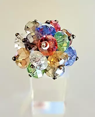 Vintage Multicolor Aurora Borealis Glass Bead Cluster Ring Silver Tone Size Adj. • $12.96