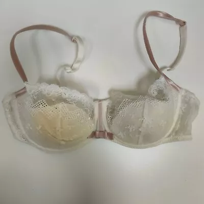 Marie Jo Underwired Bra 34C Padded White Pink Straps Lacey Bow Detail • £8.99