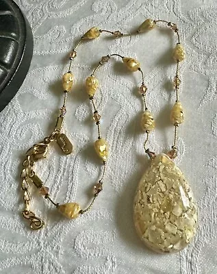 Debby Reid Gold Tone Metal Yellow Crushed Abalone Necklace Pendant 16”-18.5” • $24.99