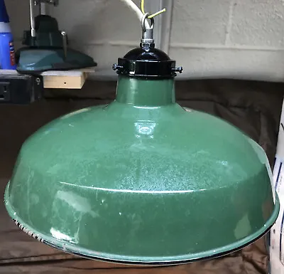 Vintage 12” Green Metal Porcelain Light Shade Industrial Gas Station • $64.99