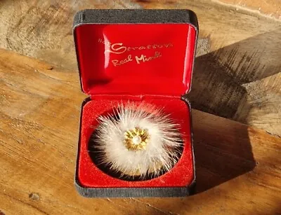 Vintage B&E Stratton Real Mink Gold Coloured White Fur Pearl Brooch Pin In Box • £9.99