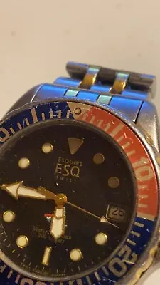 Mens 2T ESQ Esquire Movado 6.25  Wrist 30046 Pepsi Bezel Quartz DIVER For Repair • $47.99