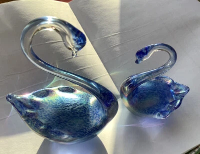 £15 • Buy Two Stunning Heron Glass Swans Iridescent Blue Purple Colours