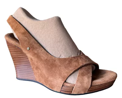 UGG Women's Hazel II Carmel Suede Slingback Stacked Wood Wedge Sandal Heels 6 • $38.99