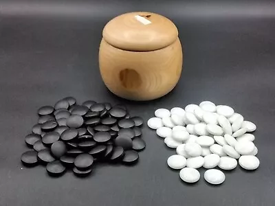 Japanese Go Stones Game Pieces In Wooden Covered Bowl • $55