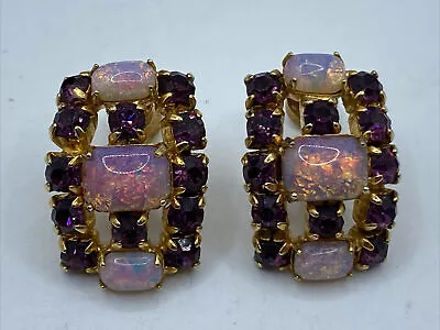 Vintage Gold Tone Fire Opal And Purple Rhinestone Crystal Screw Back Earrings • $18
