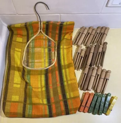 Vintage Handmade Fabric Clothes Pin Bag Holder W/ Hanger & Clothes Pins • $30