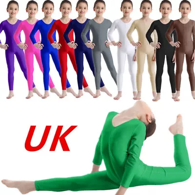 UK Kids Girls Long Sleeve Ballet Dance Gymnastics Leotard Bodysuit Dancewear • £12.51