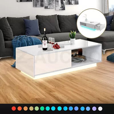 LED Lights Coffee Table High Gloss Wooden Storage Living Room Furniture White • $119.95