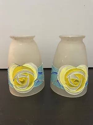 Pair Of Vintage Glass Light Shades With Unusual Decoration Floral Yellow Pattern • $25.27