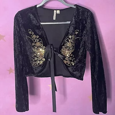 Susan Lawrence Black Velvet Gold Embroidery Crop Top M Bolero Shrug Long Sleeve • $18.99