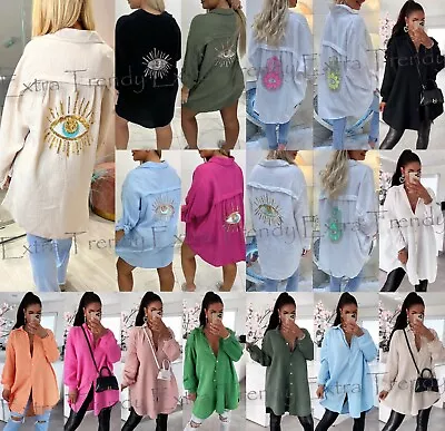 Women Ladies Cheesecloth Button Up Oversized Collared Long Tunic Shirt Dress Top • £23.95