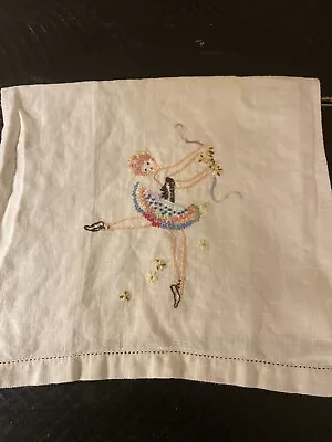 Vintage Hand Embroidered Linen Tea Or Fingertip Towel W/  Colorful Ballerina • $6.99