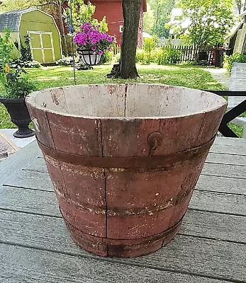 Vintage Wood Farm Staved Bucket Antique Painted RED 9.5  X 11.5  Wide Sap Milk • $88