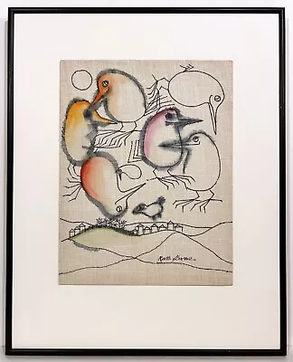 RUTH SHARON 20th C. American ORIGINAL SIGNED MODERN MCM PAINTING Seven Birds • $295