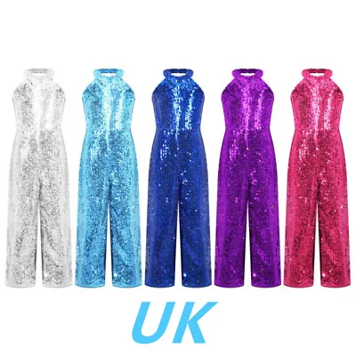 UK Girls Sequins Jumpsuit Halter Neck Sleeveless Romper Wide Leg Pants Dancewear • £6.66