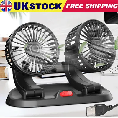 Dual Heads Mini USB Fan 3 Speed Car Adjustable Cooling 360 Degree Rotating • £11.90