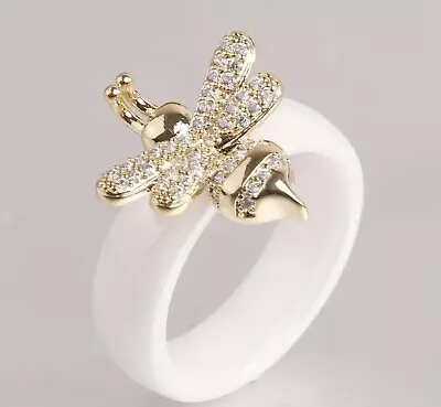 Kate Spade Bee Ring 7 Ceramic White Bumble Honeybee Gold Plated Women CZ • $23.86