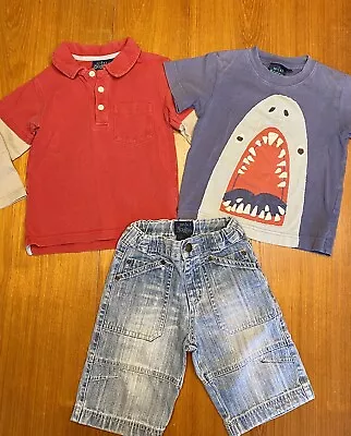 Boys 2-3 Years Mini Boden Shark Shirt Jean Shorts Summer Outfit Lot 2-3y • $20
