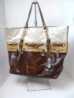 Aqua Madonna X-Lg. Brn/Tan/Crm 3-Toned Leather Shoulder Tote Bag 19 X15 X4.5 -EC • $69.99